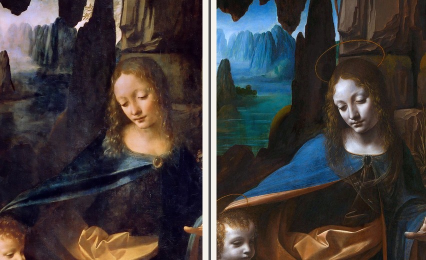 Vergleich der Heiligenscheine und des Schilfkreuzes in beiden Fassungen der Felsgrottenmadonna